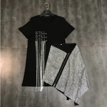 

2019 Spring Summer New Water Drill Chain Short Sleeve Tassel T Shirt + Hot Drill Zipper Skew Skirt Fashion 2 Piece Skirt Suits