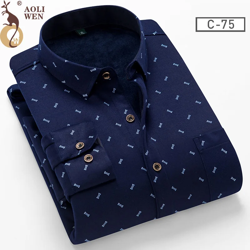 Aoliwen бренд для мужчин зима осень теплые рубашки плюс бархат утолщенный мягкий шерстяной кашемир карман на пуговицах Повседневная рубашка с принтом - Цвет: LDBL-C75