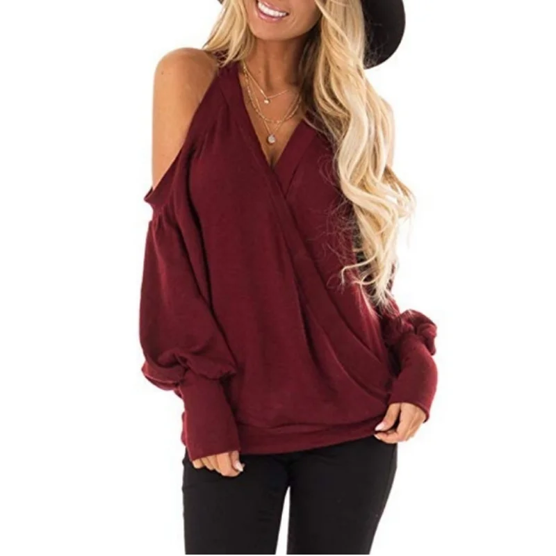 

2020 New Autumn and Winter Off-the-shoulder V-neck Sexy Loose Long-sleeved Shirt Blouse AT0083