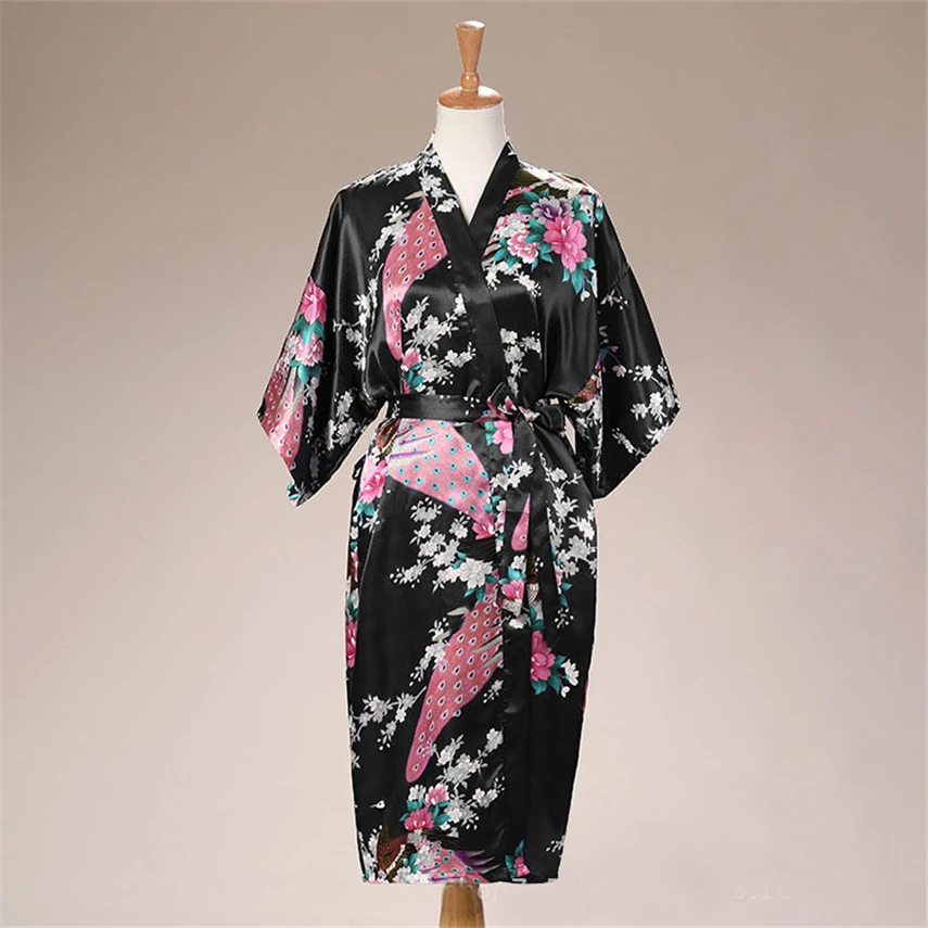 9Color Satin Japanese Style Kimono Women Yukata Dress Traditional Peacock Thin Clothing for Japanese Adult Loose Pajamas