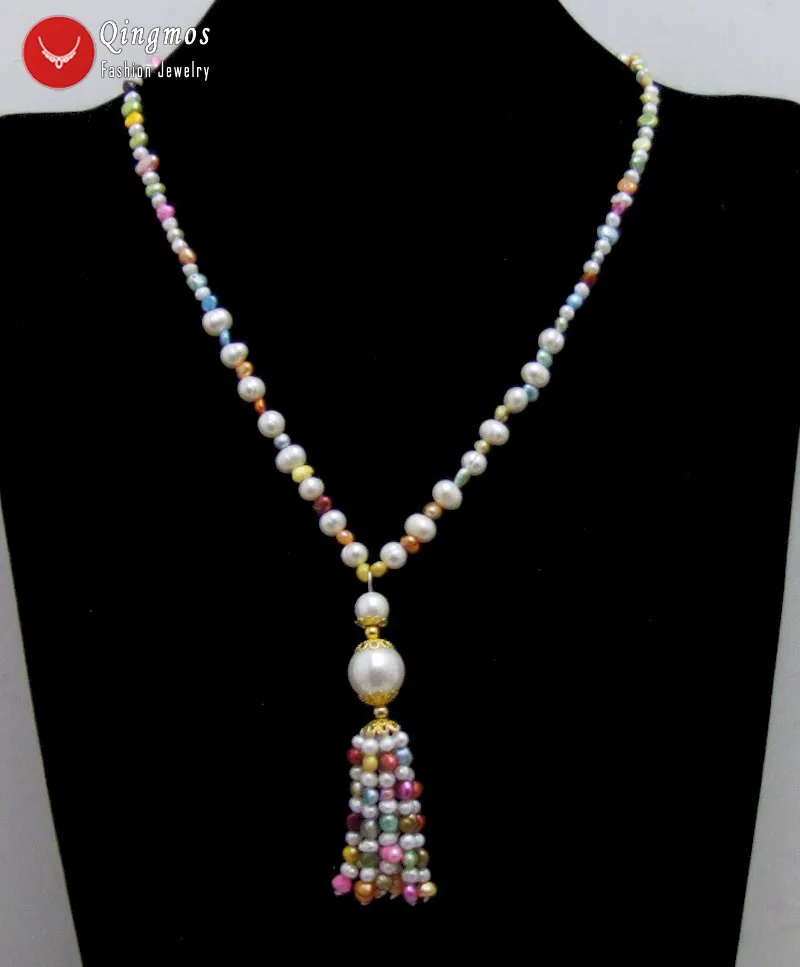 Qingmos Natural 6mm Round Black Pearl Necklace for Women & Multicolor Baroque Pearl Tassel Pendant Necklace Long Necklace 20''