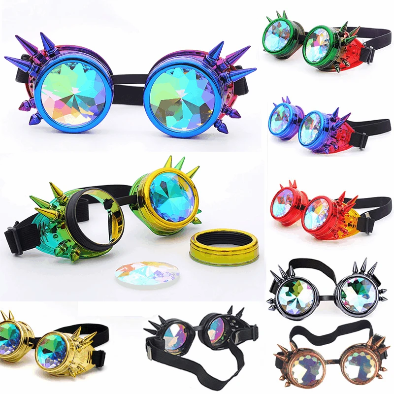 SLTY Kaleidoscope Rave Rainbow Crystal Lenses Rustic Steampunk Goggles Halloween 