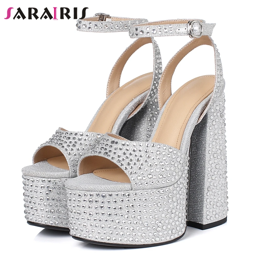 

SaraIris Block Heel Ankle Strap Rhinestone Platform Sandals Women Ins Sandals Ladies Summer Party Shoes