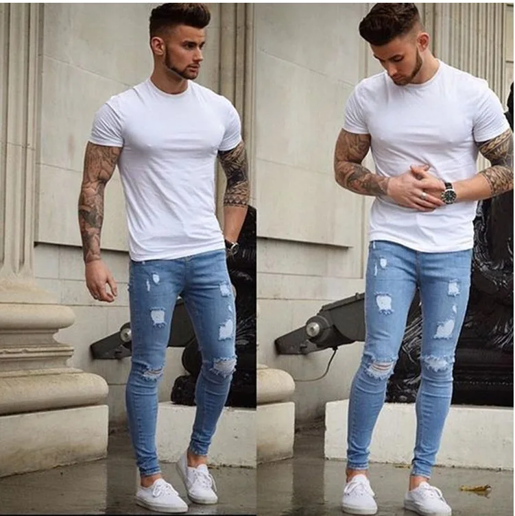 2019 New Fashion Men Jeans Stretch Destroyed Ripped Design for Male Skinny Simple Personality Denim Trousers 4