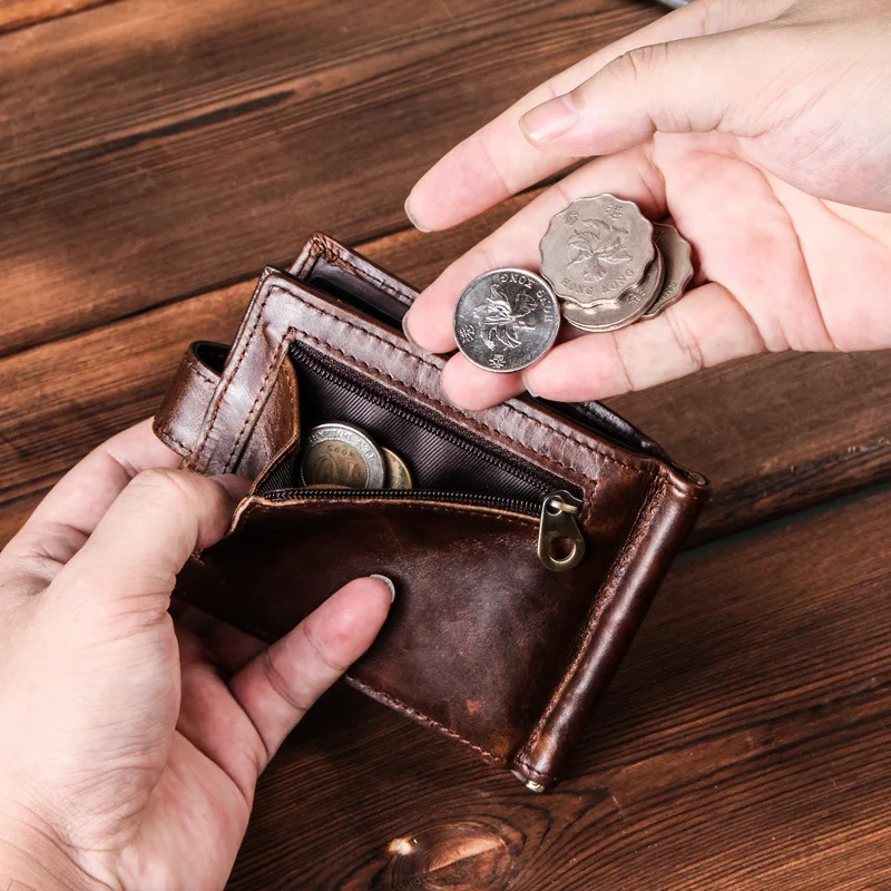 Men Genuine Leather Money Clip Card Wallet RFID Crazy Horse Thin Bifold Cash Clamp Cash Holder Male Slim Purse