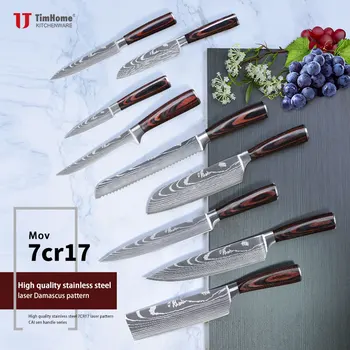 

Timhome Kitchen Knives Set Professional Japanese Damascus Laser Pattern 7CR17 440C High Carbon Stainless Slicing Santoku knife