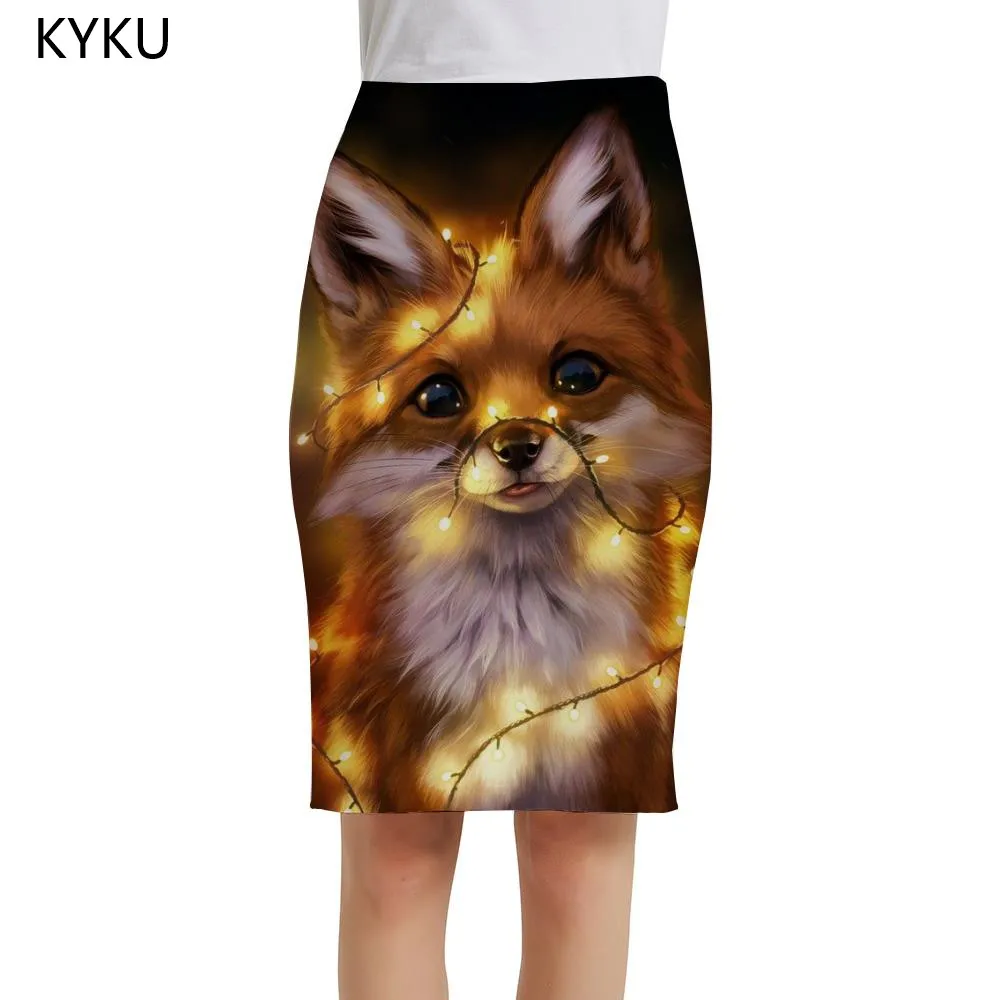 

KYKU Fox Skirts Women Animal Sundresses Christmas Sexy Lovely Office Ladies Skirts Womens Floral Cool Korean Knee Length