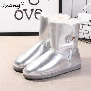 

JXANG genuine Waterproof Women Winter Shoes Sheepskin Leather Shearling Lined Crystal Button Snow Boots Keep Warm women shoes