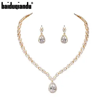 

baiduqiandu Halo Pear Cut Cubic Zirconia Bridal Jewelry Set CZ Zircon Necklace and Earrings for Wedding Party