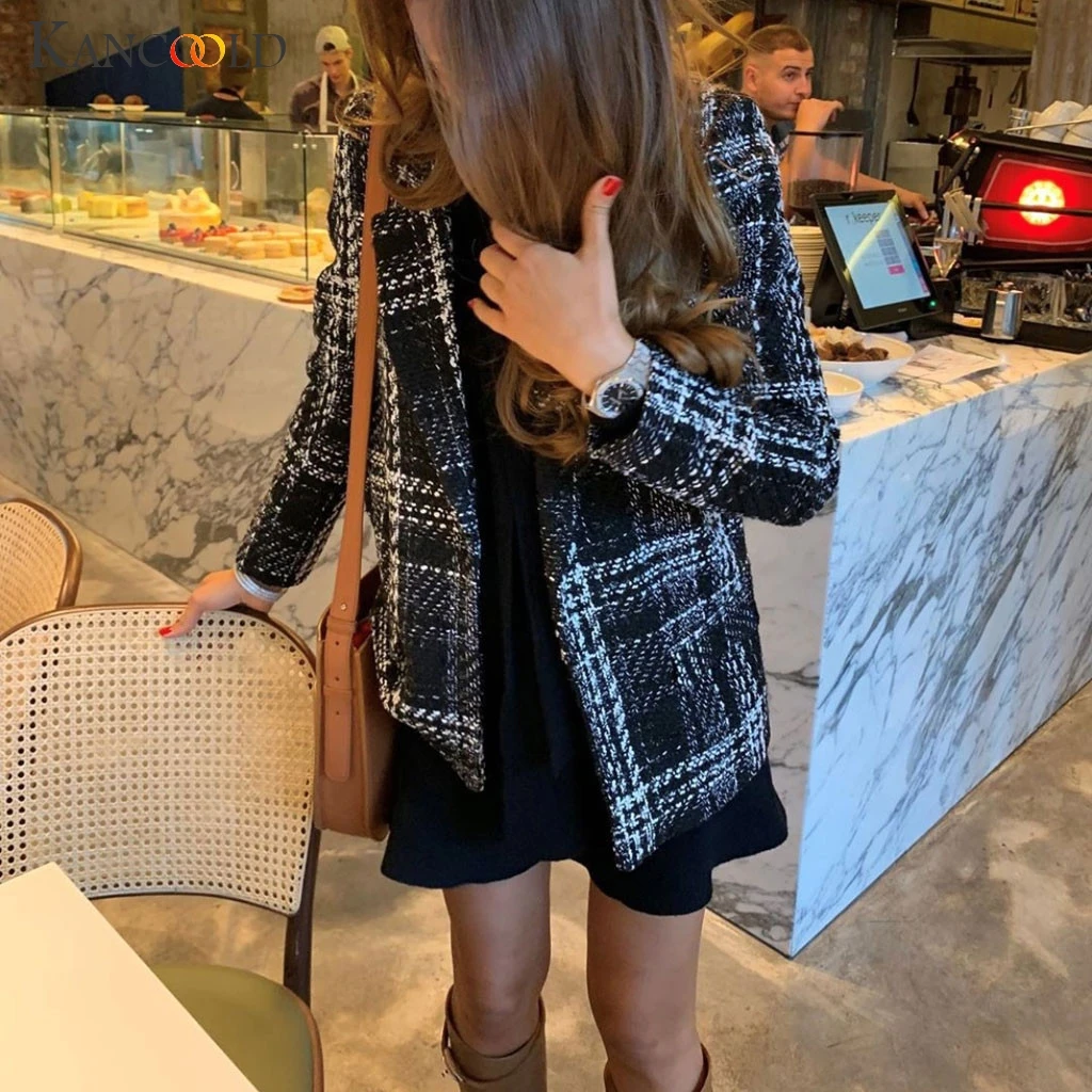KANCOOLD Женское пальто, короткий однотонный клетчатый повседневный костюм с длинным рукавом и карманами, шерстяное пальто на одной пуговице, Модное Новое Женское пальто 2019DEC4