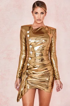 

Simly Tara 2019 Fashion Female Bodycon Party Dress Vestidos Winter Women Long Sleeve Button Bronzing Gold Mini Bandage Dress