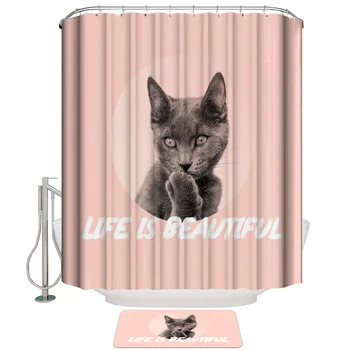 

Cat On Pink Background Life Is Beautiful Shower Curtain with Hooks Doormat Bath Floor Mat Waterproof Polyester