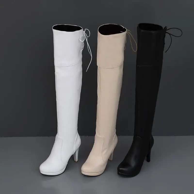 Taoffen/большие размеры 32-48; пикантные женские белые сапоги; женские офисные Сапоги выше колена из искусственной кожи на очень высоком каблуке; зимняя обувь на платформе