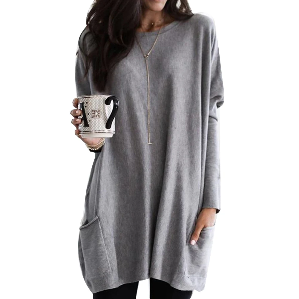 Платье, женские платья, Повседневное платье, одноцветное, круглый вырез, длинный рукав, карман, Повседневная Свободная блузка, топ, платье, женские платья