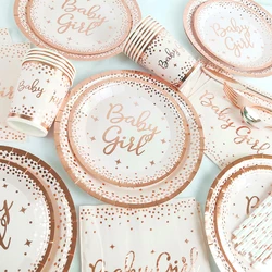 Taza y plato de papel de bronce para fiesta de cumpleaños, Pajita a rayas para bebé y niña, vajilla desechable, mantel, decoración para fiesta de Baby Shower