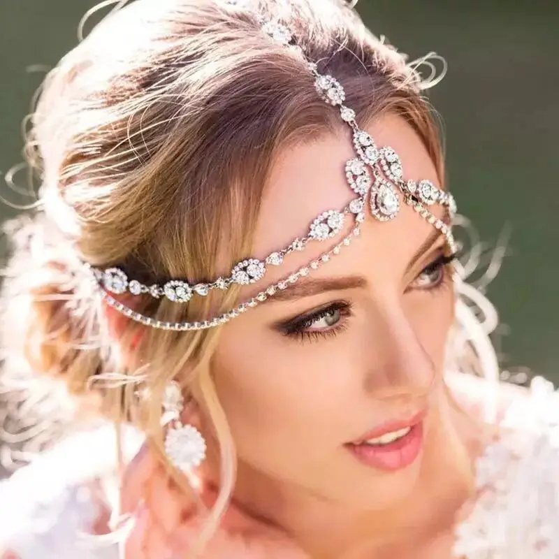 Bohemian retro Rhinestone Bridal Headband chain women's wedding crystal pendant forehead headband jewelry gift