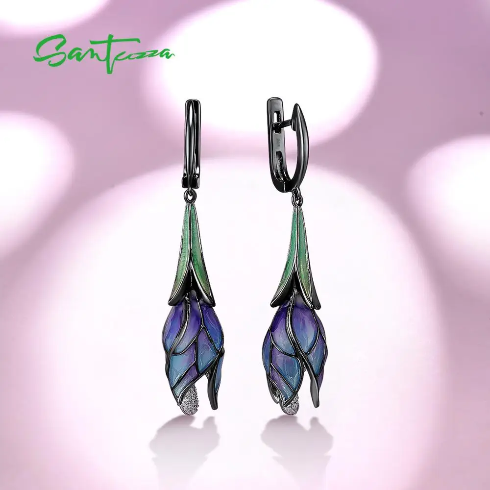 SANTUZZA Silver Earrings For Women Genuine 925 Sterling Silver Exquisite Drop Purple Flower Trendy Fine Jewelry Handmade Enamel