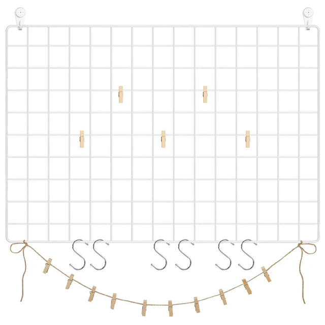 Grid Panel, Photo Wall Display,Mesh Wall Decor, Multifunctional Hanging Picture Wall, DIY Art Display, with S-Shaped Hooks, Clip White