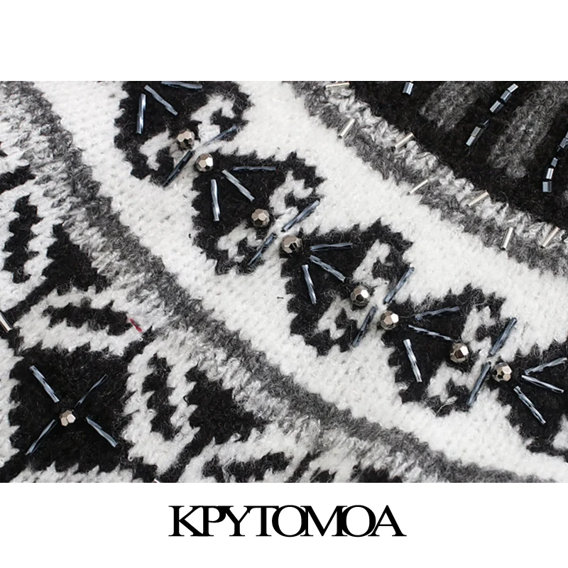 Kaufen Vintage Stilvolle Perlen Appliques Lose Gestrickte Pullover Frauen 2020 Mode Hohe Kragen Langarm Weibliche Pullover Chic Tops