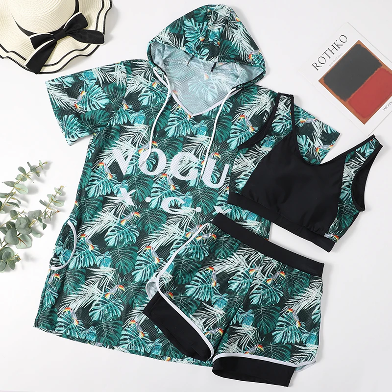 2XL-9XL Plus Size Swimsuit for Women Green Leaf Print High Waist Tankini Sets Swimwear Female with Cover Up Extra Large Size women sport swimsuits women one piece swimsuit