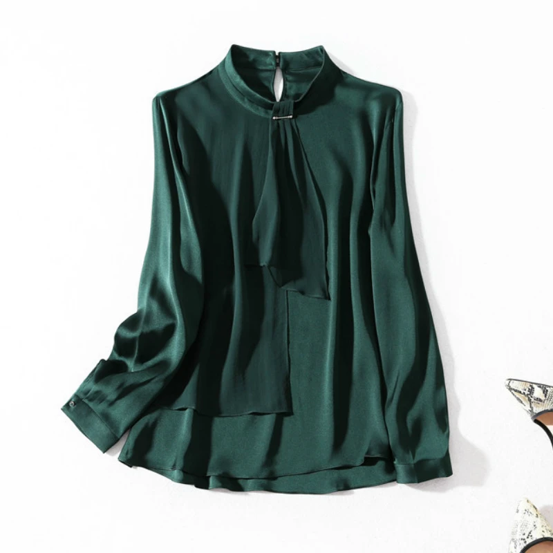 

Real Silk Blouse Women Tops Green Blouses Long Sleeve Shirts Korean Fashion Clothing Spring Streetwear Blusas LWL1617