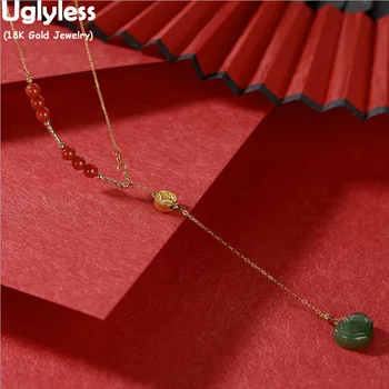 

Uglyless Extravagant Real 18K Gold AU750 Necklaces for Women Nature Agate Green Jade Heart Pendants Necklaces 24K Gold Coin Bead