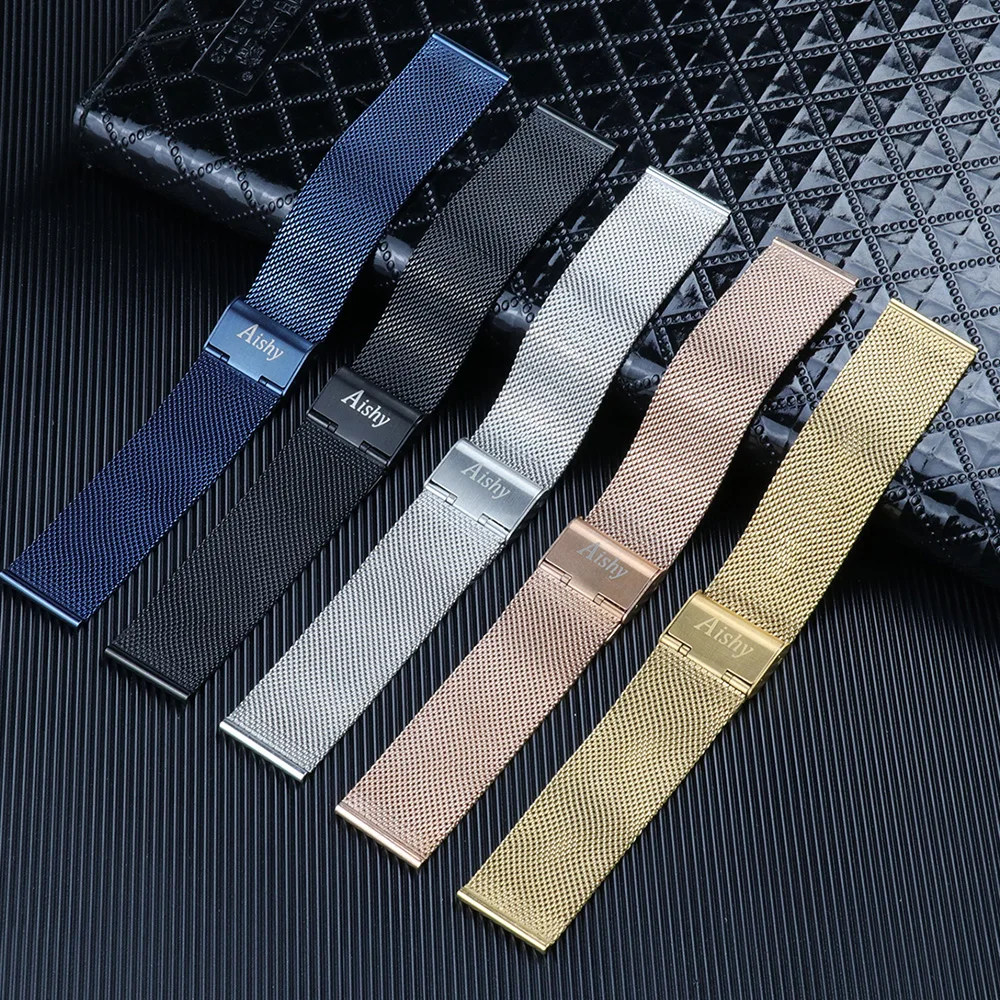 

Aishy Watch Strap 20 mm 22 mm Ip plating 06 Wire Thick Watch black rose gold blue Stainless Steel Mesh Milanese Band for APPLE