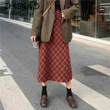 Клетчатая Длинная женская юбка большого размера с высокой талией, клетчатая винтажная шерстяная красная юбка, элегантная Осенняя зимняя юбка в стиле ретро