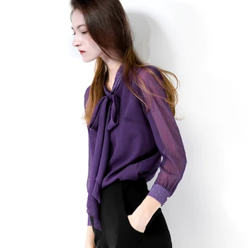 

Women Chiffon Shirt Women's 2020 Spring New Model Korean-Style Long-Sleeved Solid Color Fairy Temperament Lace-up Bow All-match