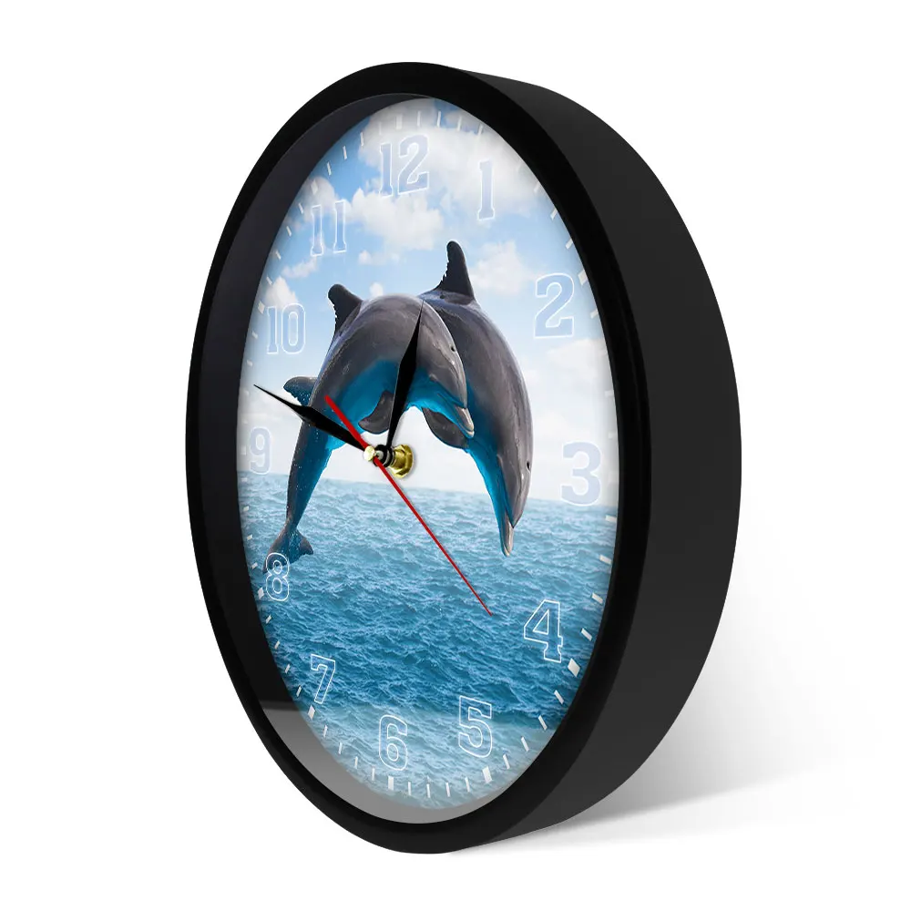 Two Jumping Dolphins Seascape Blue Wall Clock Deep Ocean Waters With Porpoise Silent Movement Wall Watch Sea Animals Wall Art 2