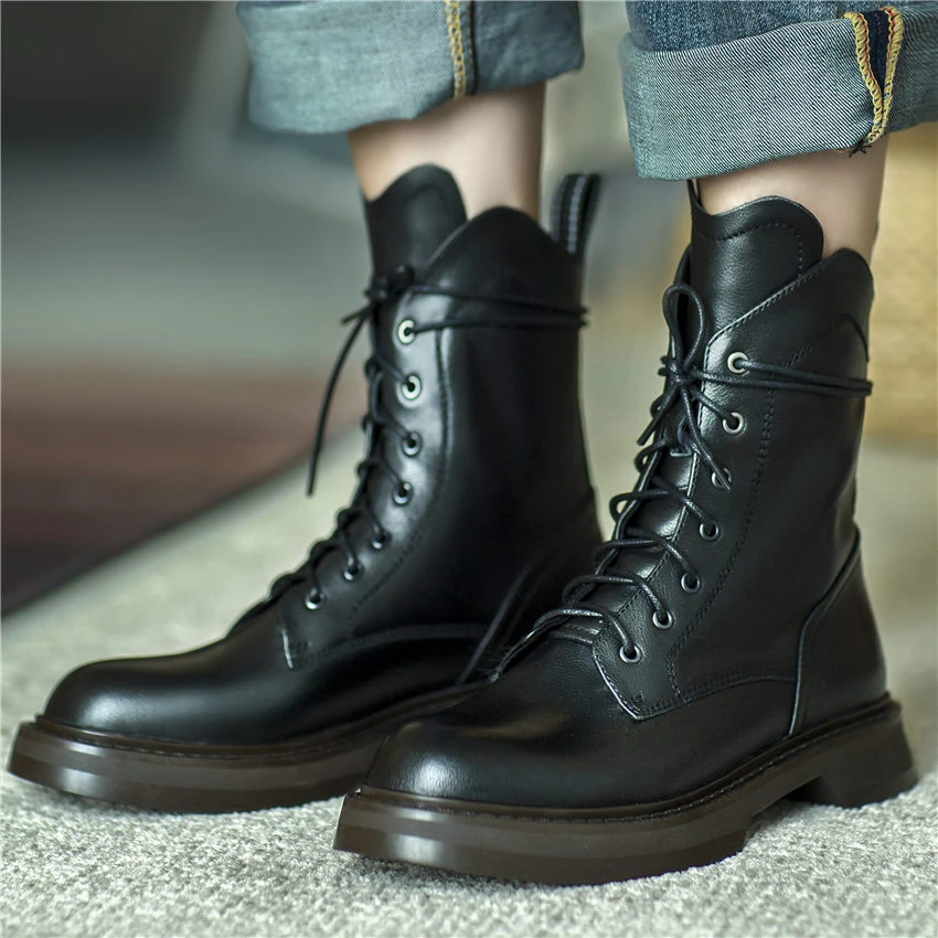 Oxfords Botines de cuero cordones y punta redonda para mujer, zapatos Punk, gótico, motero|Botas hasta el - AliExpress