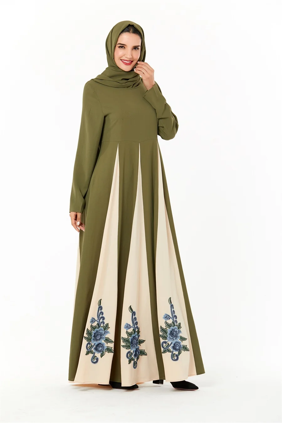 Siskakia абайя платье Дубай, Турция марокканские платья армейская зеленая Роза вышивка мода хит цвет лоскутное мусульманская одежда осень