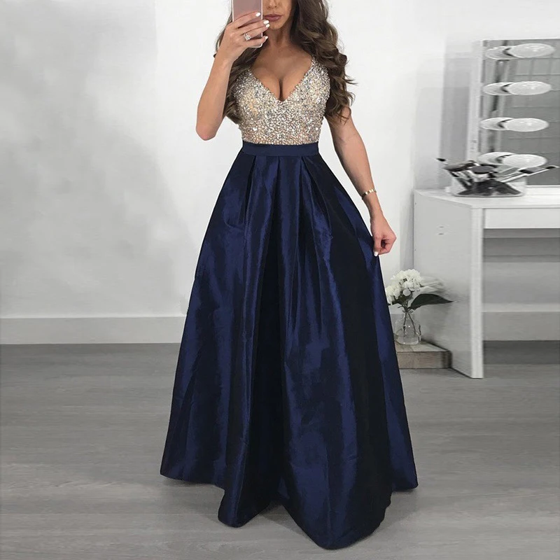 Long Dresses Summer Sexy Women Elegant Party Maxi Dress Sleeveless V Neck Sequin A Line Dress Vestidos Female