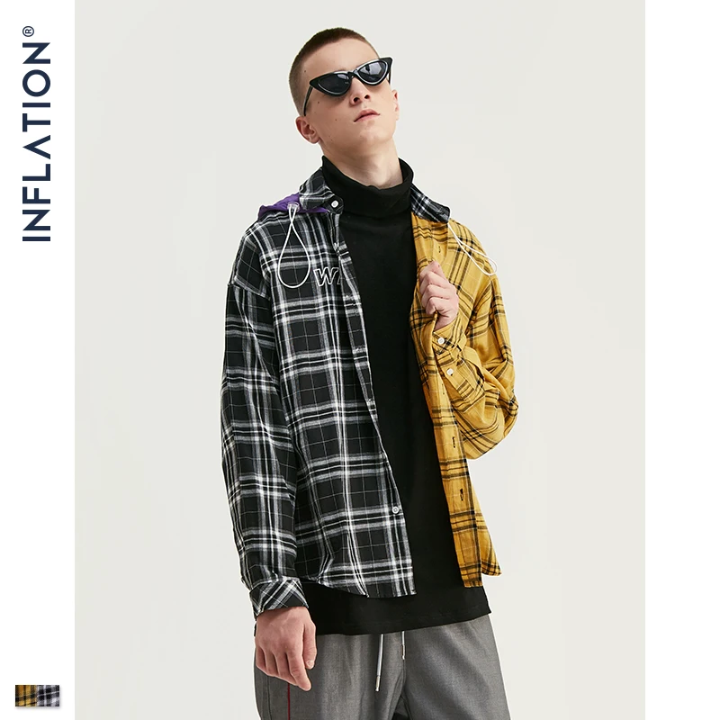 INFLATION 2019 AW свободная клетчатая рубашка для мужчин, негабаритная рубашка с капюшоном в черно-желтой осенней фланелевой клетчатой рубашке с