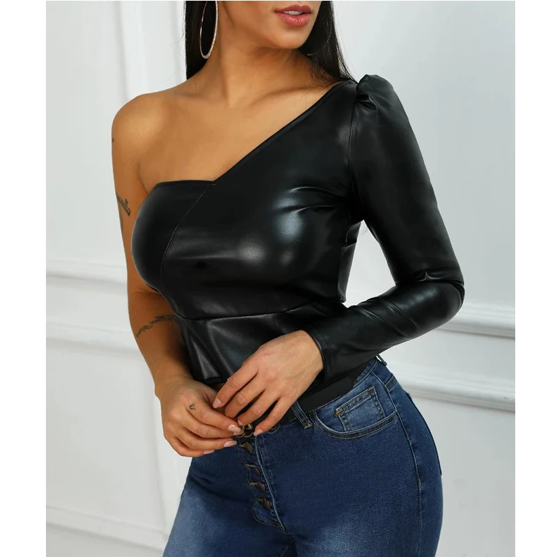 Сексуальные топы из искусственной кожи на одно плечо с длинным рукавом