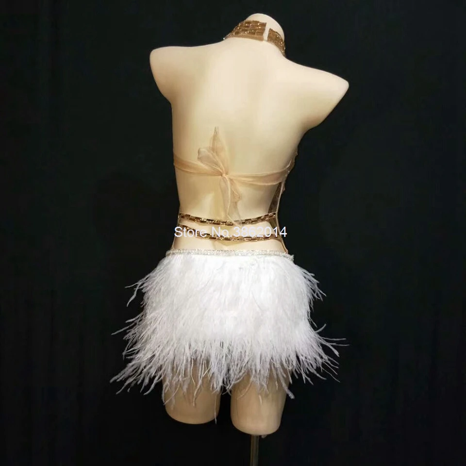 Sparkly Gold Silver Rhinestone Bodysuit Women Sexy See Trough Feather Tail Birthday Party Nightclub Singer Dance Stage costume