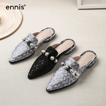 

ENNIS Fashion Ladies Slippers Crystal Low Heel Casual Shoes Pearl Pointed Toe Mules Shoes Women Genuine Leather Slippers M0001