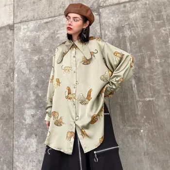 

Johnature Spring Fashion Streetwear Animal Print Loose Long Womens Tops And Blouses 2020 New All Match Turn-down Collar Shirts