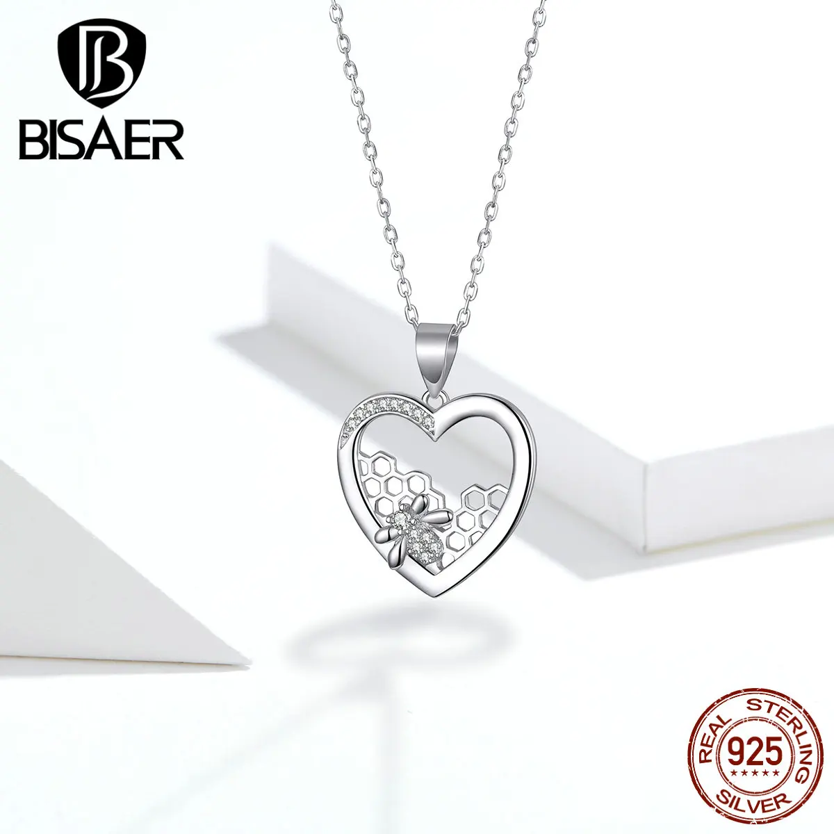 Соты воротник BISAER 925 пробы Серебряная пчела любовь соты в форме сердца кулон ожерелья для женщин Роскошные ювелирные изделия ECN356