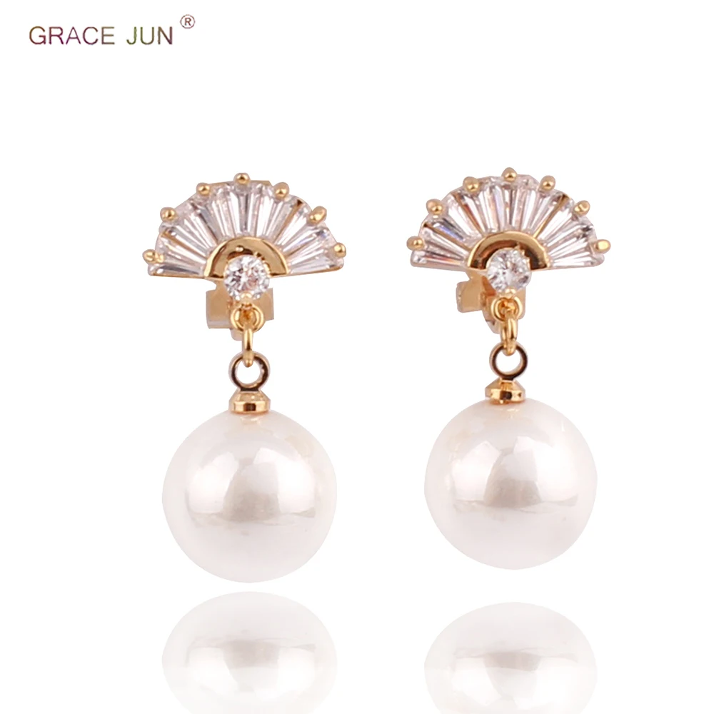 

GRACE JUN New Arrival Sector Shape Clip on Earrings for Women Party Gogeous AAA CZ Faux Pearl No Ear Hole Earrings Anti-allergy
