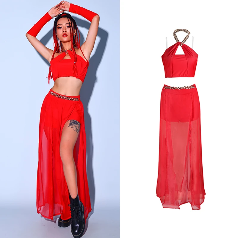 Jazz Dance Costumes Red Hiphop Outfits Womens Dance Costume