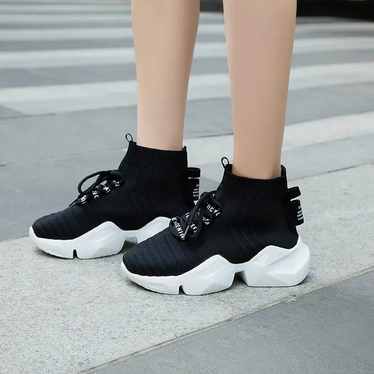 

High-Top Shoes Women's 2019 New Style Fly Woven Elasticity Socks Dad Shoes Women's Thick Bottomed Athletic Shoes Women's Korean-