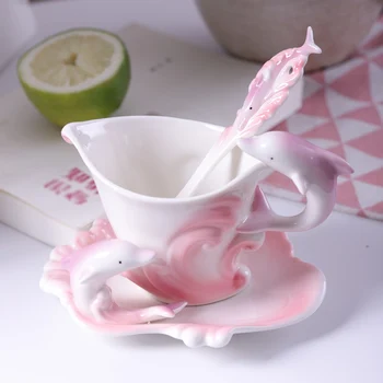 

Creative Cartoon Cute Dolphin Handmade Porcelain Tea Mug Coffee Cup Set with Spoon and Saucer YHJ021401