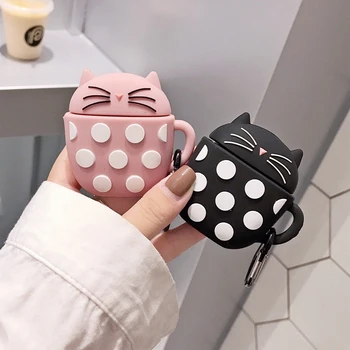 

3D cute cartoon silicone case for airpods 1 2 Wireless bluetooth headset Wave point cat for Apple airpods Cover with hook