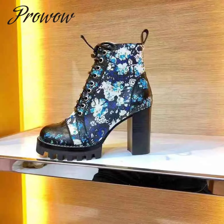 

Prowow Quality Genuine Leather Printed Floral Ankle Boots Sexy Platform Lace Up Fashion Branded Autumn Winter Boots Shoes Women