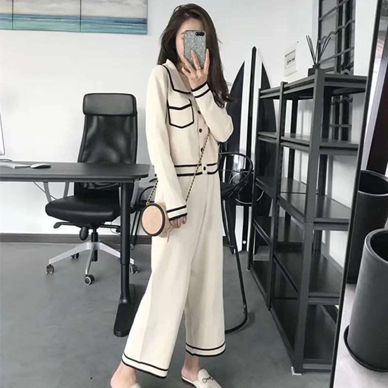 

High Quality Autumn Knitted 2 Piece Set Women Sweaters Cardigan Tops+Elastic Waist Wide Leg Pants 2 Piece Set Winter Sports Suit