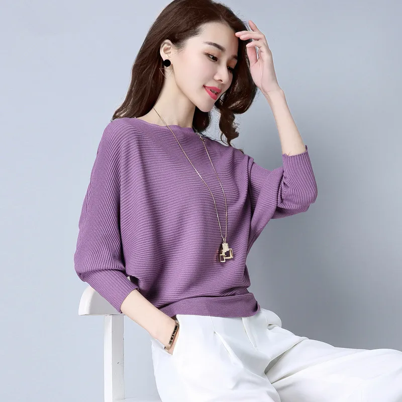 

2020 Autumn New Style Solid Color Knitted Sweater Women's Korean-style Bat Sleeve Slimming Tops Comfortable Pullover Thin Base S