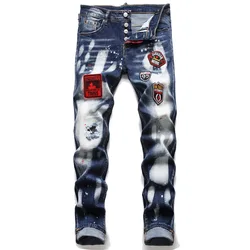 Pantalones vaqueros ajustados para hombre, Jeans desgastados, rasgados, con puntos de pintura, marca italiana de moda, #1233