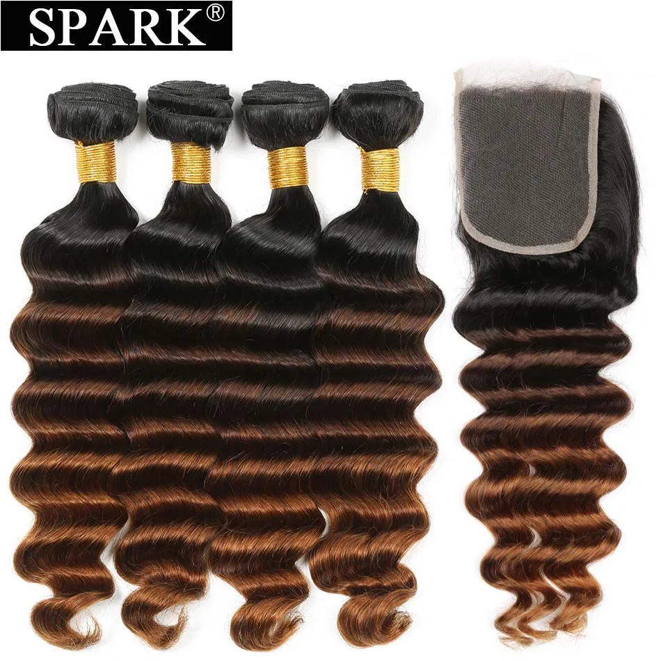 Human-Hair-Bundles Closure Spark Hair Deep-Wave Color Loose Ombre Peruvian Brown 