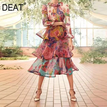 

DEAT 2020 New Spring Autumn Fashion Office Lady Long Sleeve Print Long Sleeve Round High Waist Neck Ruffled Dress Women SF342
